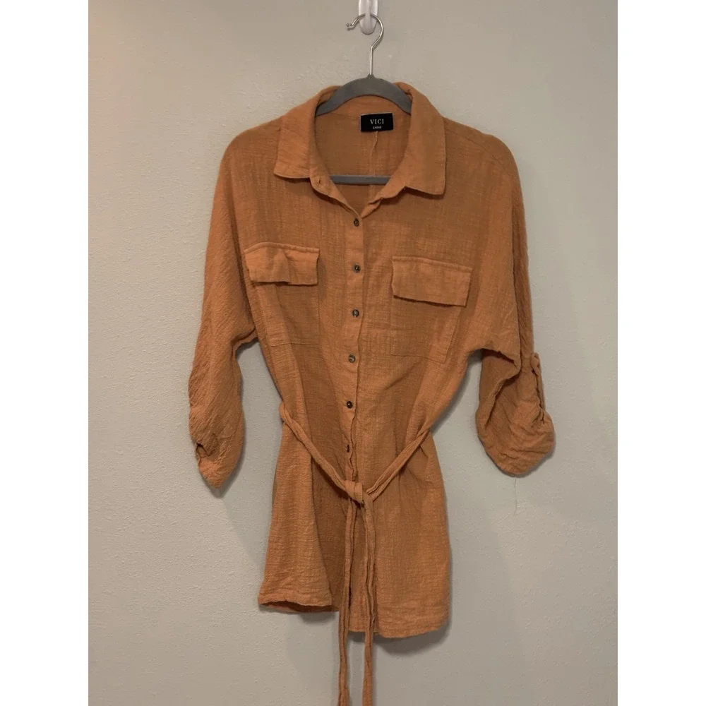 VICI Button-Up Tunic Top Women's Large Rust Orange Roll Tab Sleeves 100% Cotton